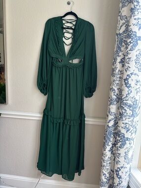 Deep Green Long Sleeve Maxi Dress with Lace-Up Back